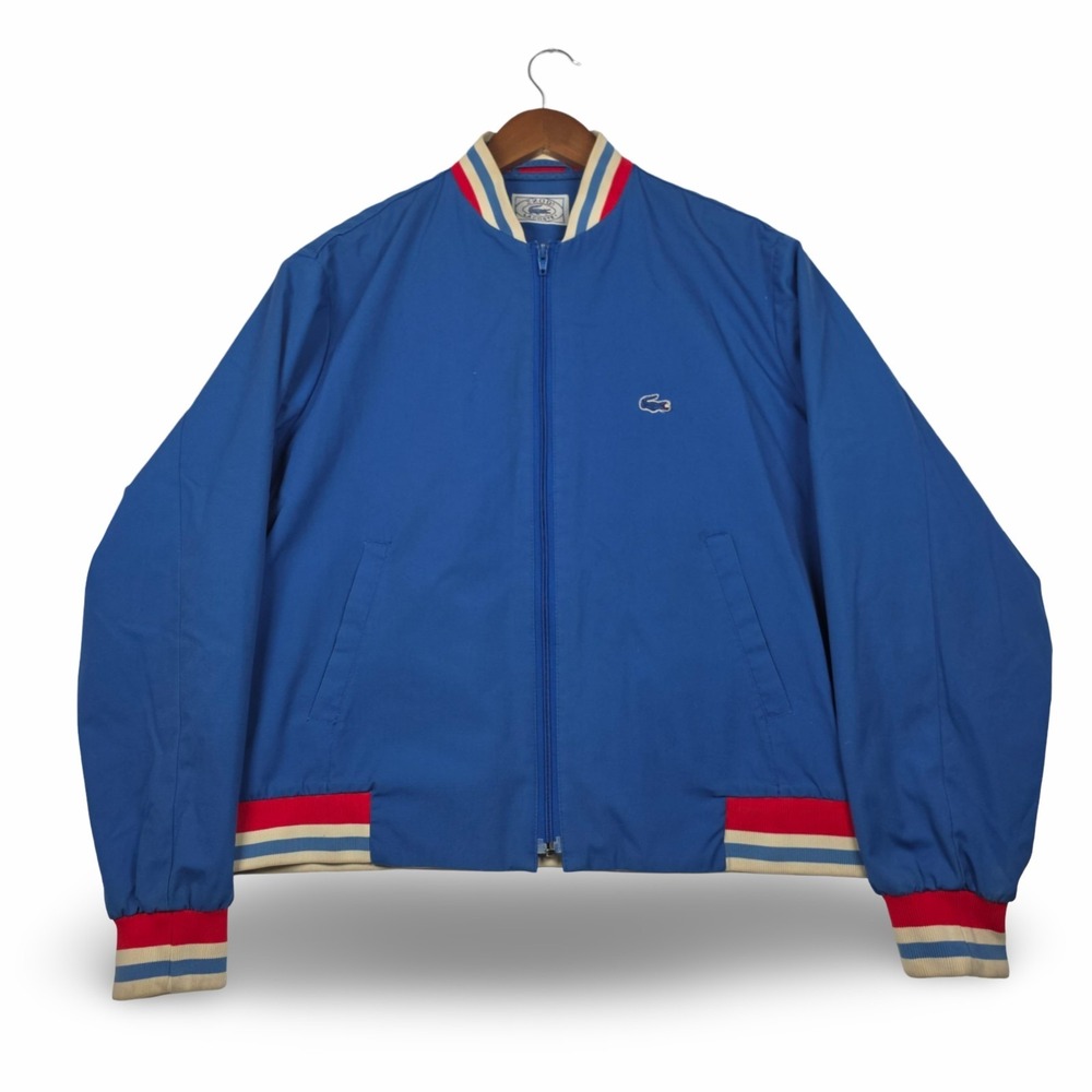 Vintage 80s Izod Lacoste‎ Bomber Jacket XL Blue Harrington Striped Trim Preppy